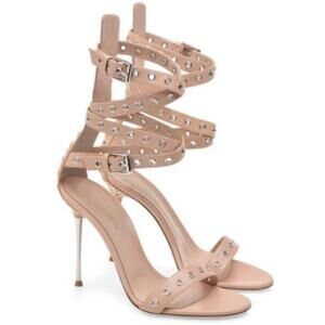 Gianvito Rossi Studded Blush Leather Wrap-Ankle Heels